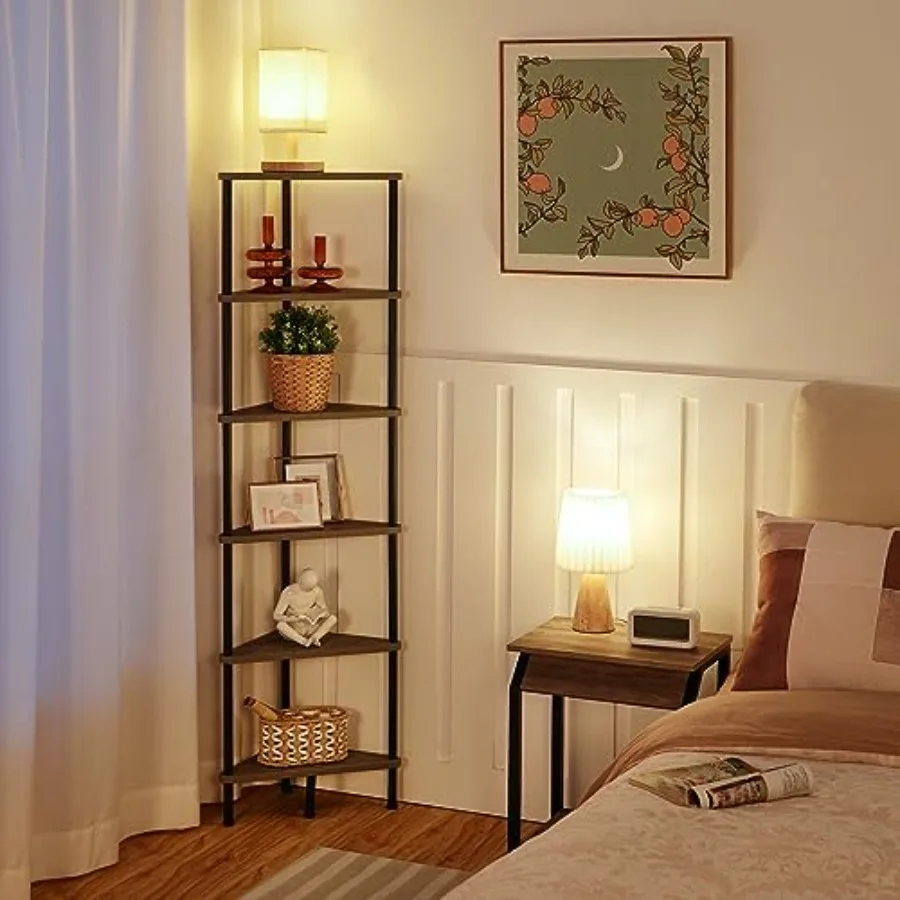 Corner Shelf Stand, Industrial 6-Tier Corner Bookshelf with Metal Frame, Plant Display Shelf, Bookcase for Small Spaces, Living