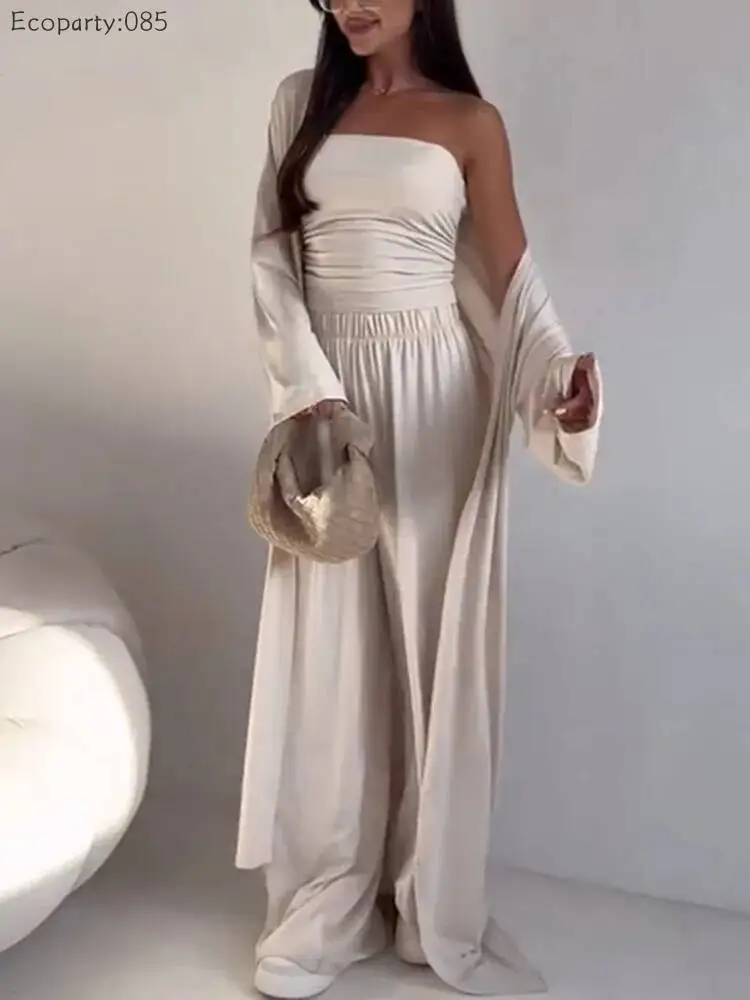 Conjunto de Ropa Casual de Verano para Mujer, 3 Piezas, Chaleco sin Tirantes, Cárdigan Largo, Pantalones Anchos, Traje Elegante para Oficina