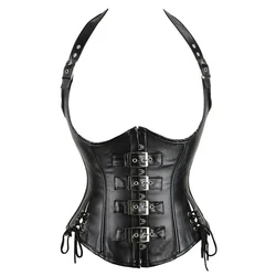 Faux Leather Corset with Halter Strap Women Sexy Buckled Steampunk Bustier Body Shaper Waist Trainer Vest Underbust Corselet