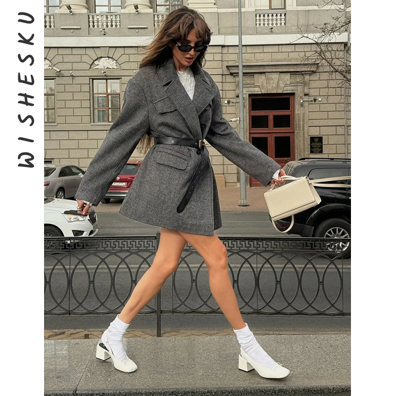 

Women Notched Collar Double Breasted Long Blazer Jackets Elegant Loose Belt Coats 2025 Fall Winter Office Lady Clothes