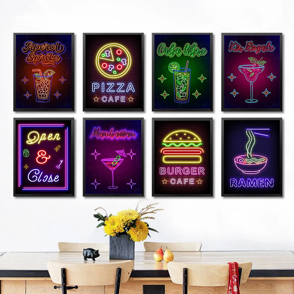 

Cartoon Neon Sign Food Posters Pizza Ramen Burger Drinks Print Canvas Painting Cocktail Club Bar Shop Kitchen Wall Picture Decor