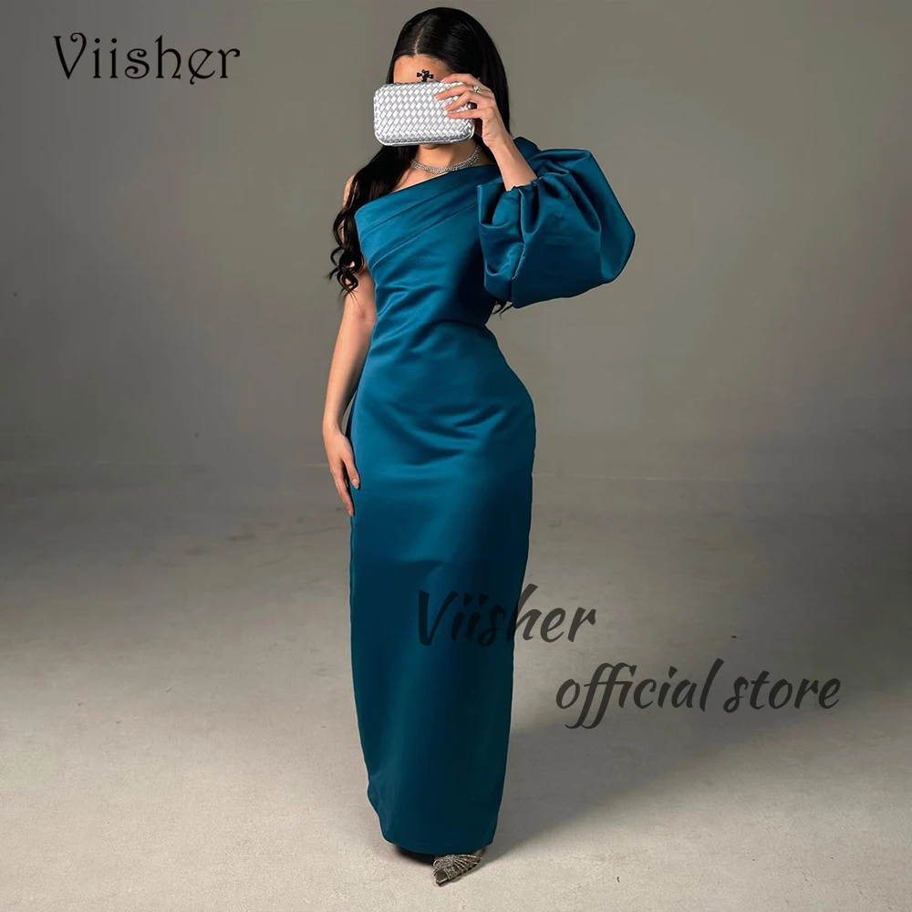 

Viisher Arabian Dubai Mermaid Evening Prom Dresses One Shoulder Pleats Satin Arabian Dubai Formal Occasion Gown Zipper Back