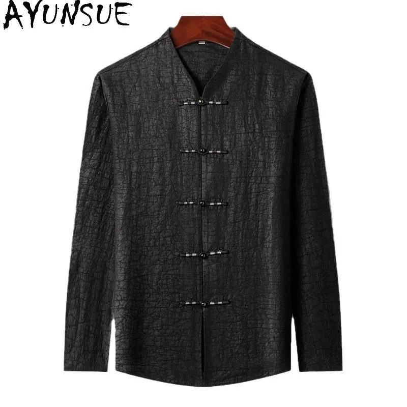 AYUNSUE High-end 100% Natural Mulberry Silk Shirts Man Clothing 2026 Spring Fashion Long Sleeve Shirt Casual Black Tops Camisa