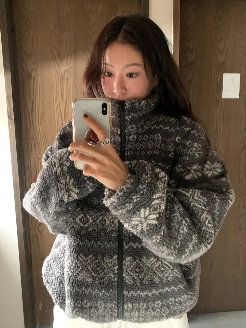 

Женское пальто с вышитым мехом ягненка в стиле ретро, свободное зимнее теплое пальто на одной пуговице с завязками, корейская верхняя одежда