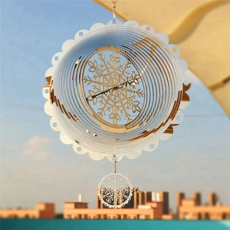 B84B Stainless Steel Wind Spinner 3D Snowflake Hanging Outdoor Decor Reflective Christmas Ornament for Garden Courtyard Silver