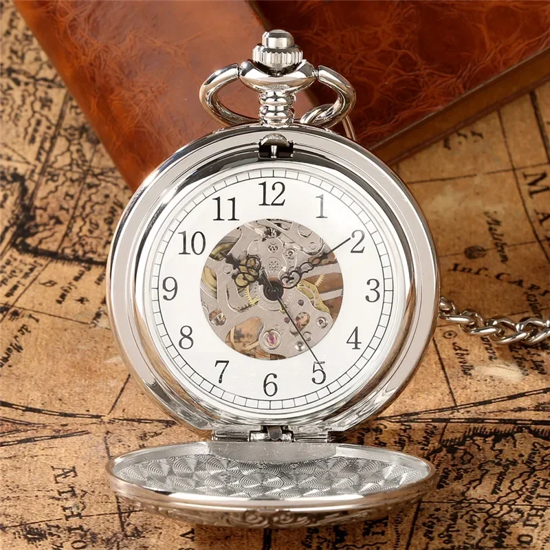 Silver Shield Case Hand Winding Mechanical Pocket Watch Skeleton Analog Wind Up Arabic Number Watches Pendant FOB Chain Gift