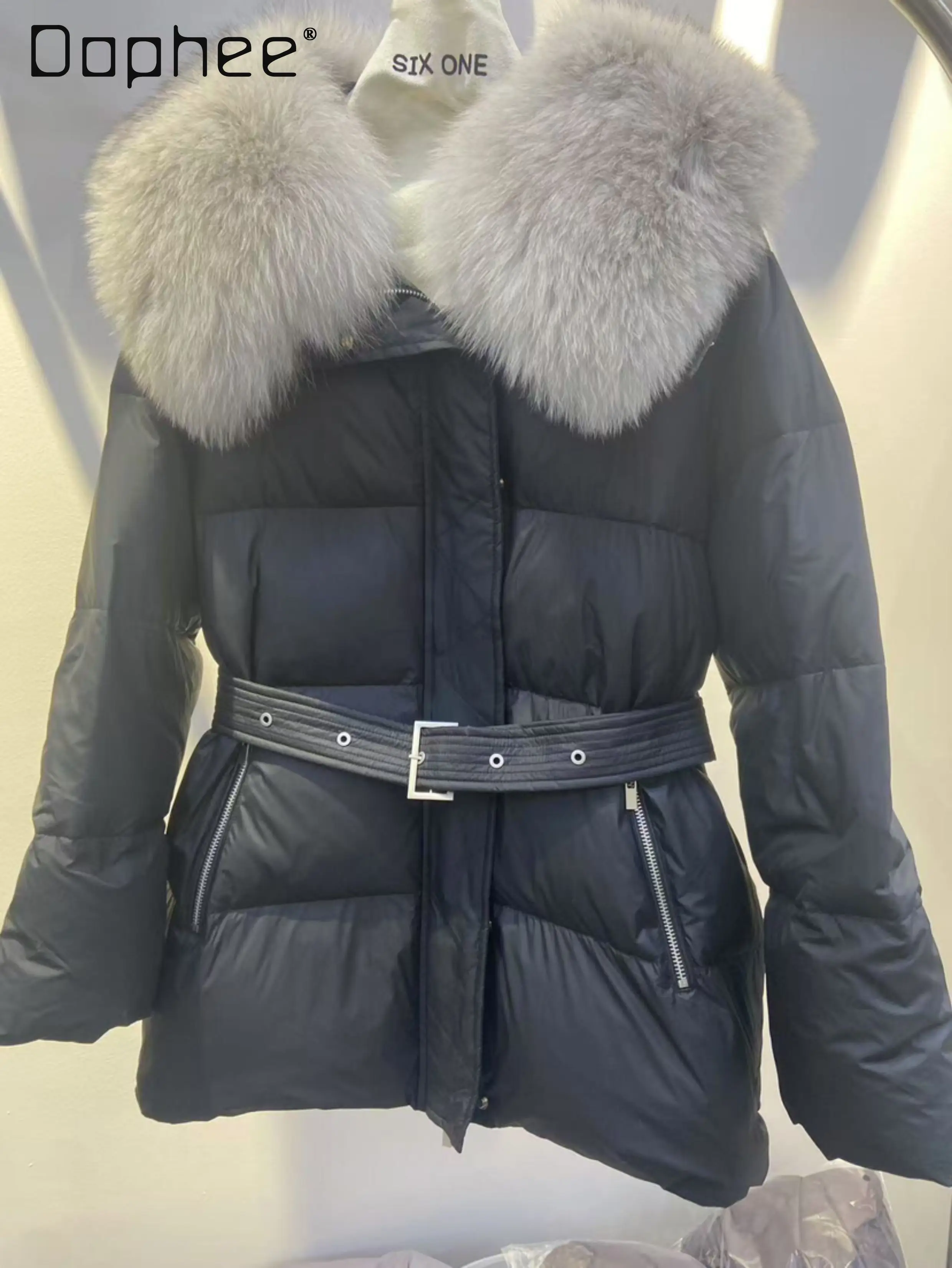

Winter New Korean Fashion Fox Fur Collar Belt Slim Down Jacket Women Mid-Length Loose Thickened Versatile Elegant Cotton Coat