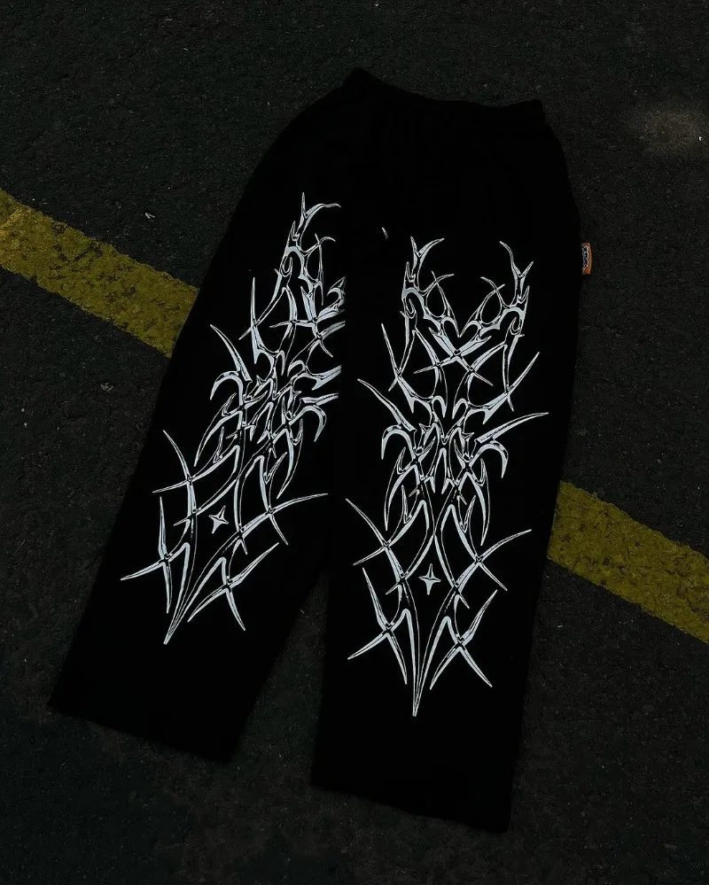 American High Street Trendy Brand Loose Floor Mopping Trousers Men Y2k Gothic Punk Dark Style Printed Oversized Trousers Women