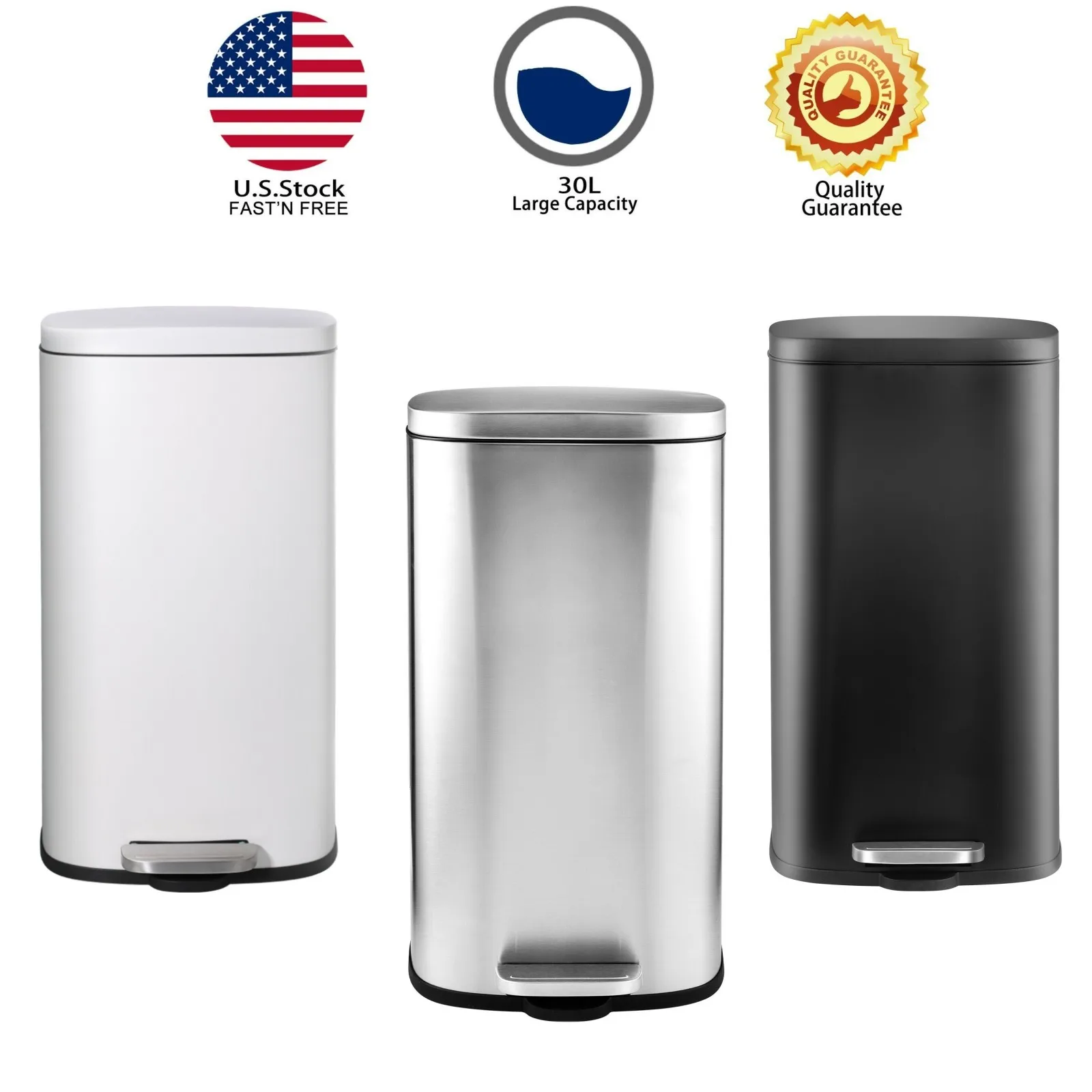 30L Stainless Steel Step Trash Can Kitchen Garbage Can W/ Soft Close, Black,White, Silver