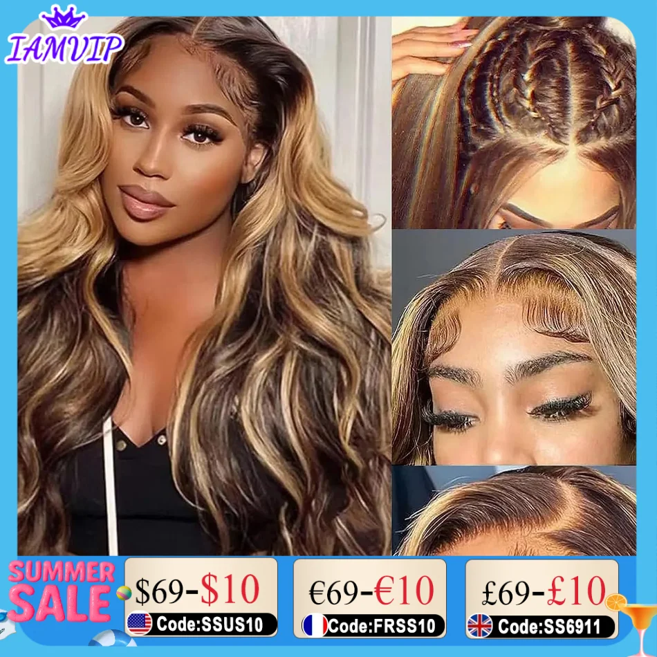 

250% 13x6 Highlight HD Lace Frontal Wig Human Hair Honey Blonde Body Wave Lace Front Wigs For Women Brazilian Wigs Pre Plucked