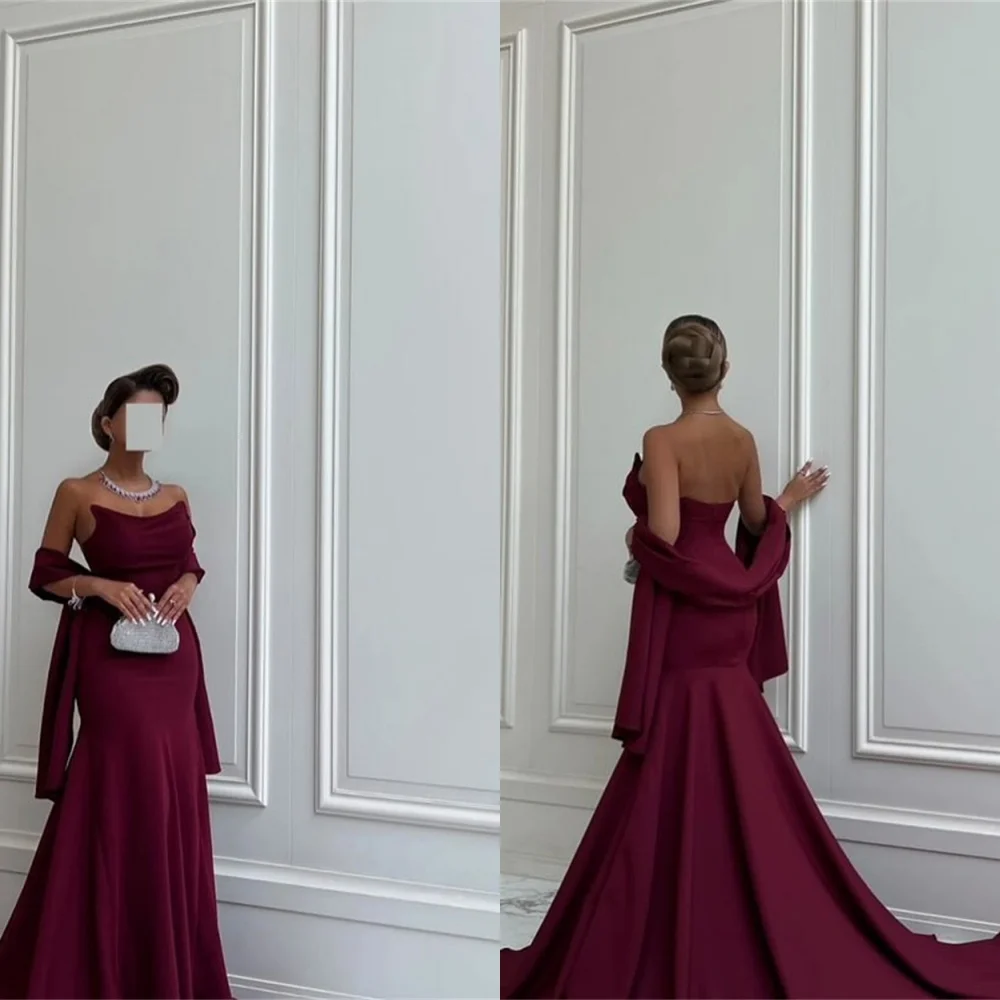 

Customized Modern Burgundy Jersey Evening Dress Exquisite Strapless Shawl Sleeveless Mermaid Chapel Train Homecoming D