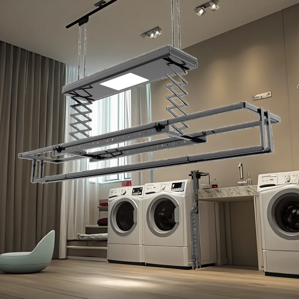 

Intelligent Retractable Clothes Drying Pole Balcony Top Installation Multi-Hole Position for Drying Heating Feature Clothes Rack