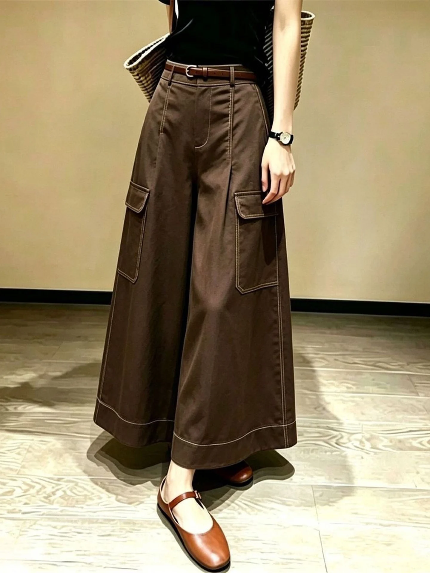 Retro High Waist Wide Leg Work Pants Women's Khaki Casual Loose Fit Trousers Autumn New Design Sensation Slimming Pants