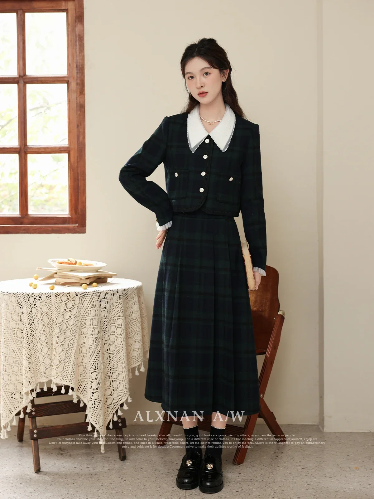 ALXNAN Plaid Skirts for Women A-line Elastic High Waist 2024 Autumn Winter Preppy Pleated Midi Skirt Sold Separately LXN32066BSQ