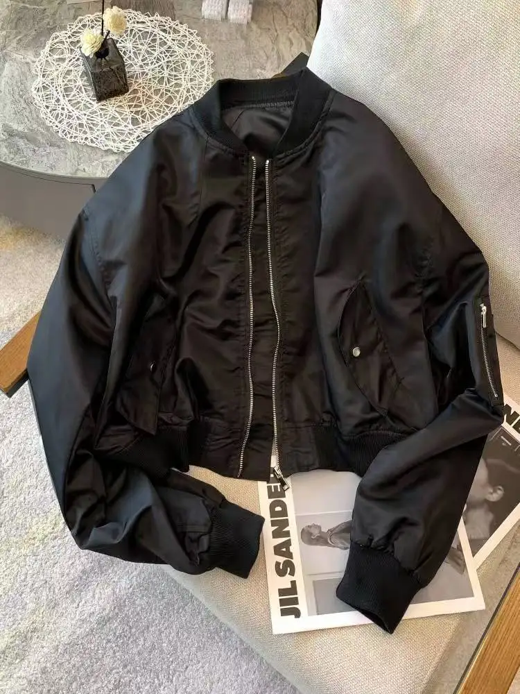 

Черные пальто на молнии для женщин, повседневная модная верхняя одежда с воротником-стойкой, уличная одежда, топы Y2k, 2024, Ropa Mujer, свободные винтажные укороченные куртки