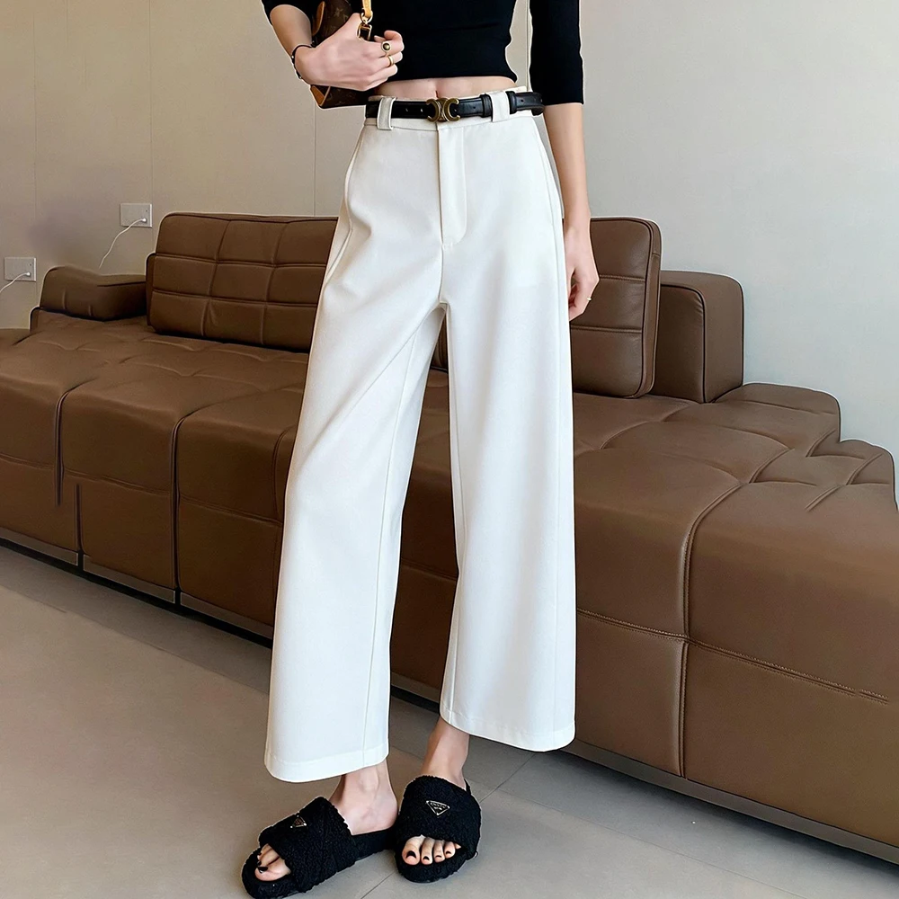 Khaki nine-point wide-leg pants women's 2026 spring and summer new eight-point suit pants, thin casual old money style pants