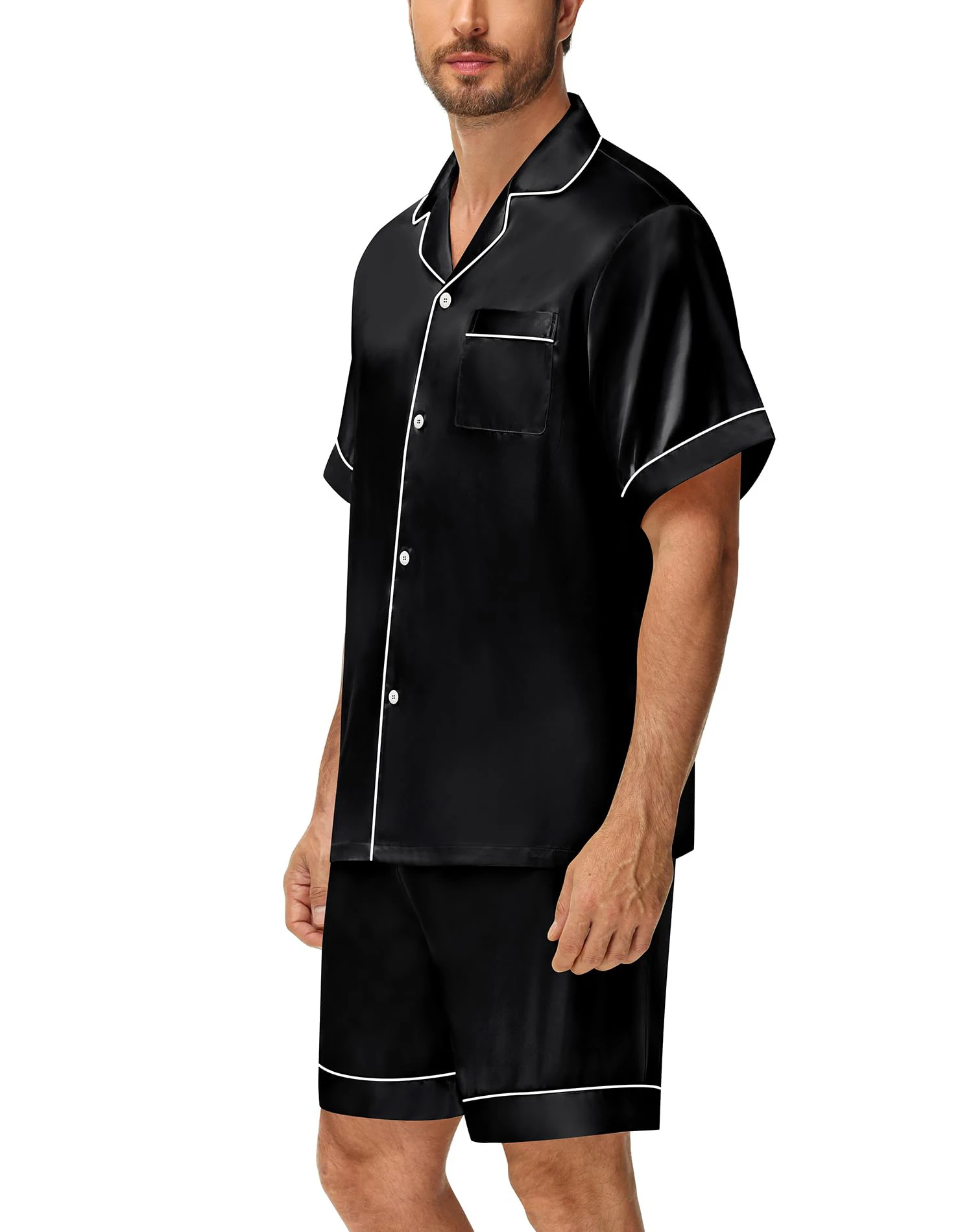 2-teiliges Pyjama-Set aus seidigem Satin für Herren, kurzärmeliges Hemd mit Revers, Brusttasche und Shorts, glatte Haptik, weiche Nachtwäsche, gemütliche Nachthemden – Detail 8