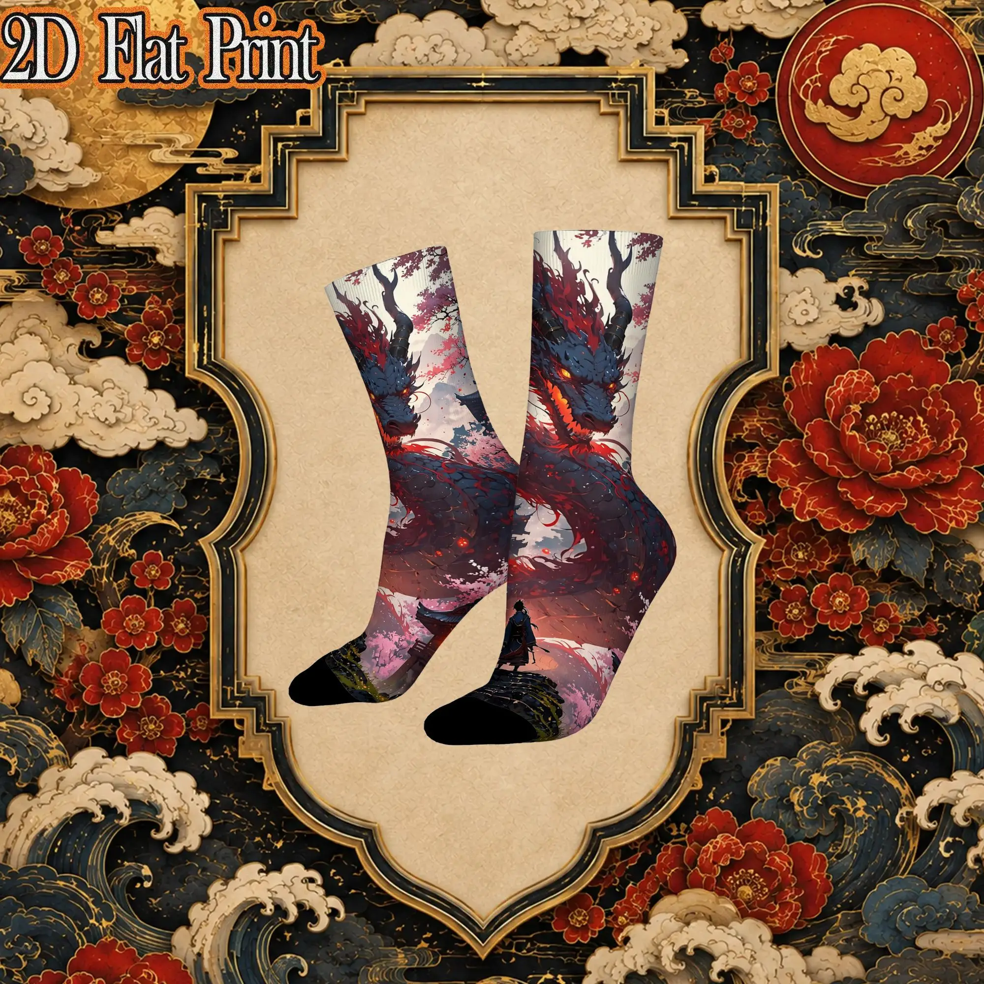 Chinese Cherry Blossom Dragon Graphic Retro  Hip Hop Novelty Seamless Crew Creative Sock Sports Socks