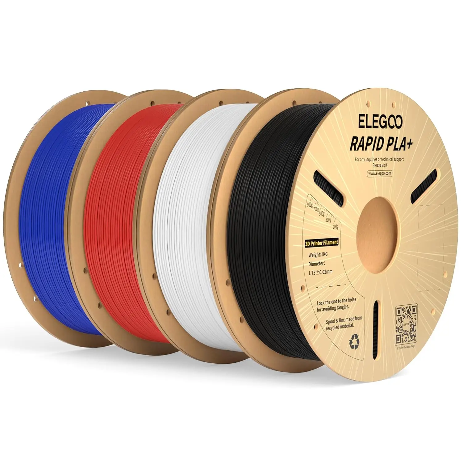 

Fast 3D Printer Filament Bundle: 1.75mm PLA+ for High Speed, Accuracy +/-0.02mm, 4KG in Black/White/Blue/Red