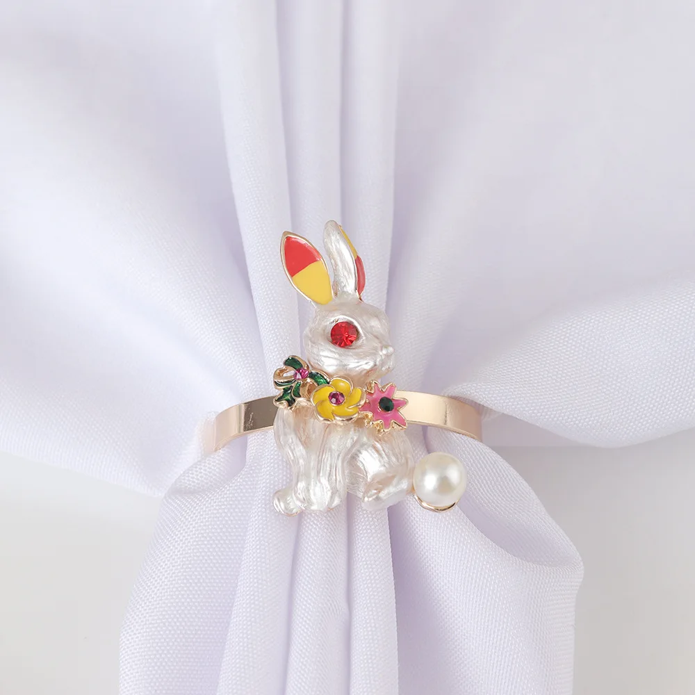 Easter Bunny Napkin Rings,Hand-Painted Oil Drip Design with Pearl & Crystal Accents perfect for Easter brunches spring parties