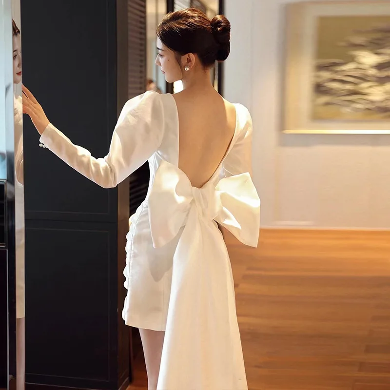 

French Style Light Wedding Dress Long Sleeve Hepburn Style Elegant Going Out Gown Satin Simple White Short Dress Petite Winter