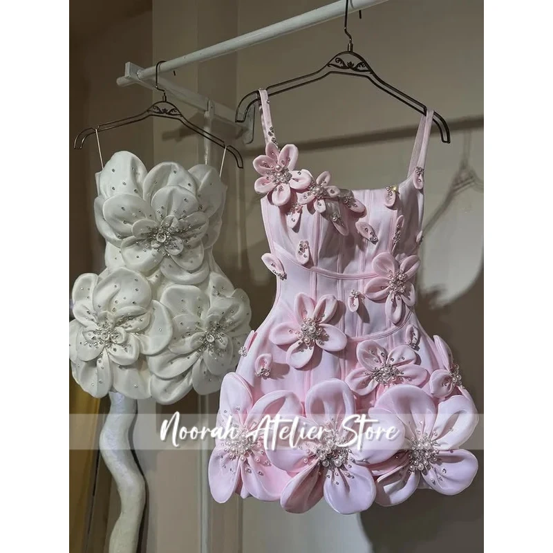 Pretty Girls 3d Flora Beaded Short Prom Dresses Pearls Strapless Above Knee Mini Evening Gowns Cocktail Party Dress Customized