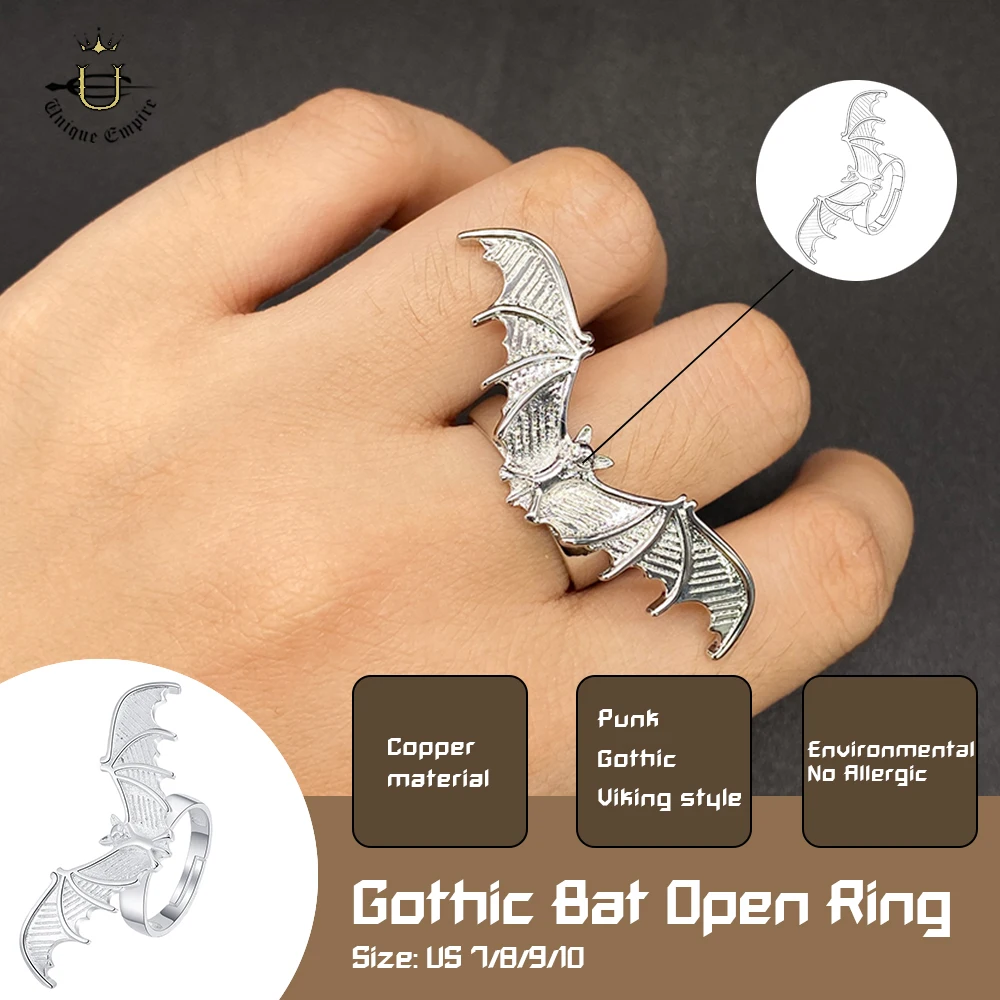 Gothic Bat Wing Adjustable Ring Punk Vampire Finger Ring Dark Romantic Goth Jewelry Halloween Gift for Men & Women