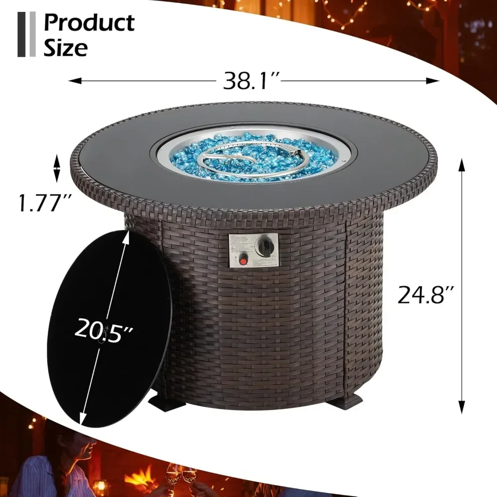 Propane Fire Pit Table with Weather-Resistant Cover & Tempered Glass Tabletop Patio Outdoor Wicker Fire Table Outdoor Heating