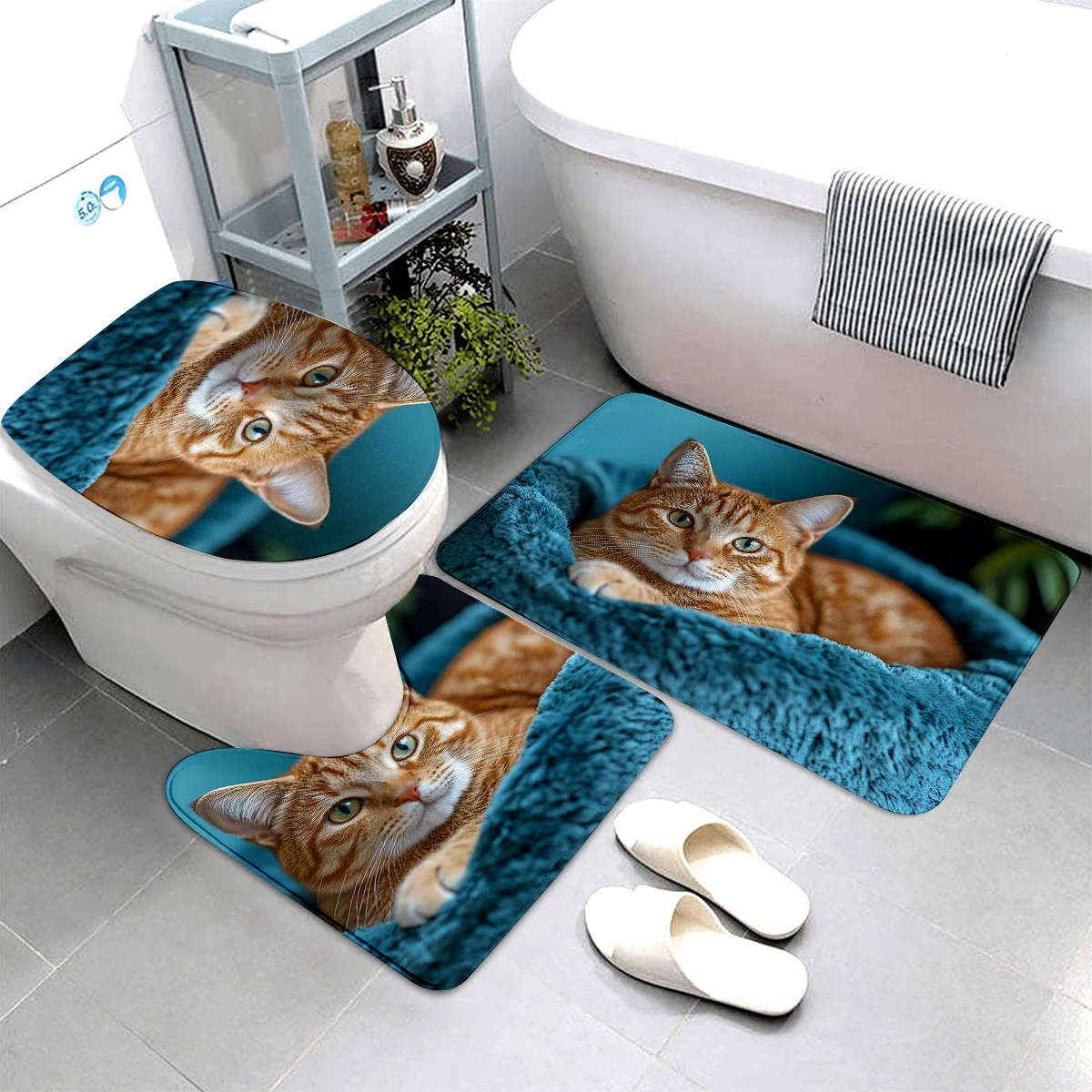 

3pcs Adorable Cat Bath Mat Set with Toilet Lid Cover + U-Shaped Floor Mat, Thick Non-Slip Machine Washable Christmas Decor