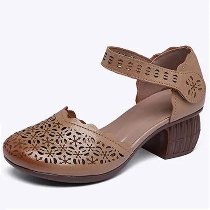 2024 New Summer Round Toe Genuine Leather Hole  Hole Sandals for Women Fashion Sandals Thick Heel Banquet Sandals Trendy Sandals