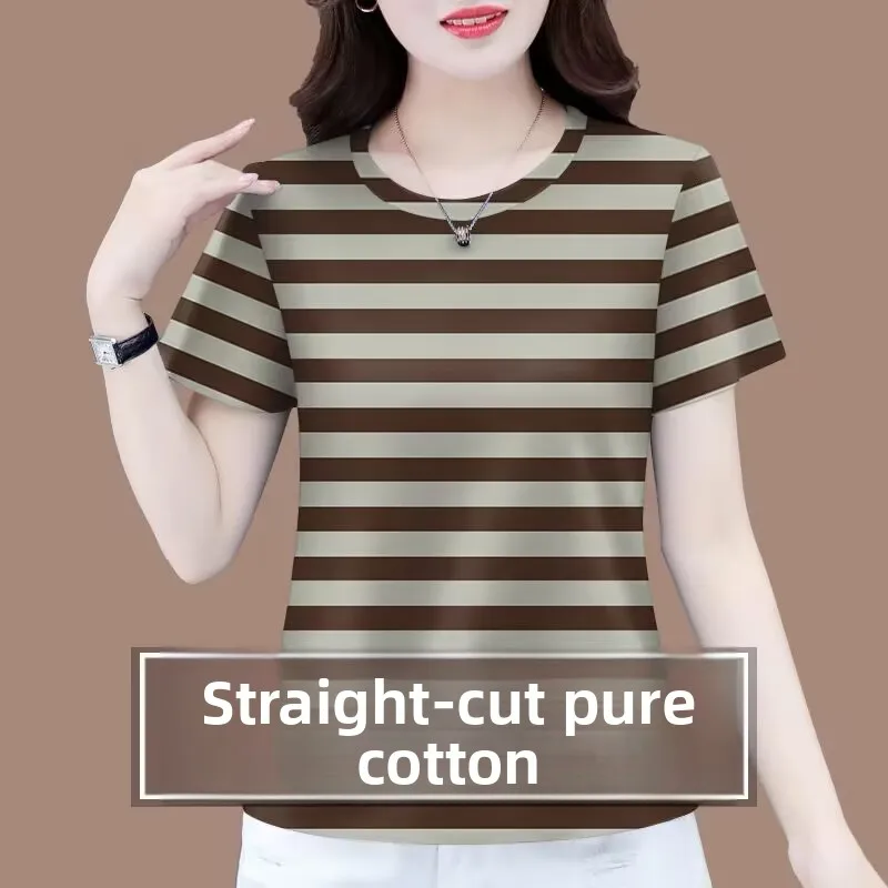 Slimming Printed Short Sleeve T-Shirt Women's Summer Top Belly Covering Commute Style Loose Fit Youthful Pattern round Neck