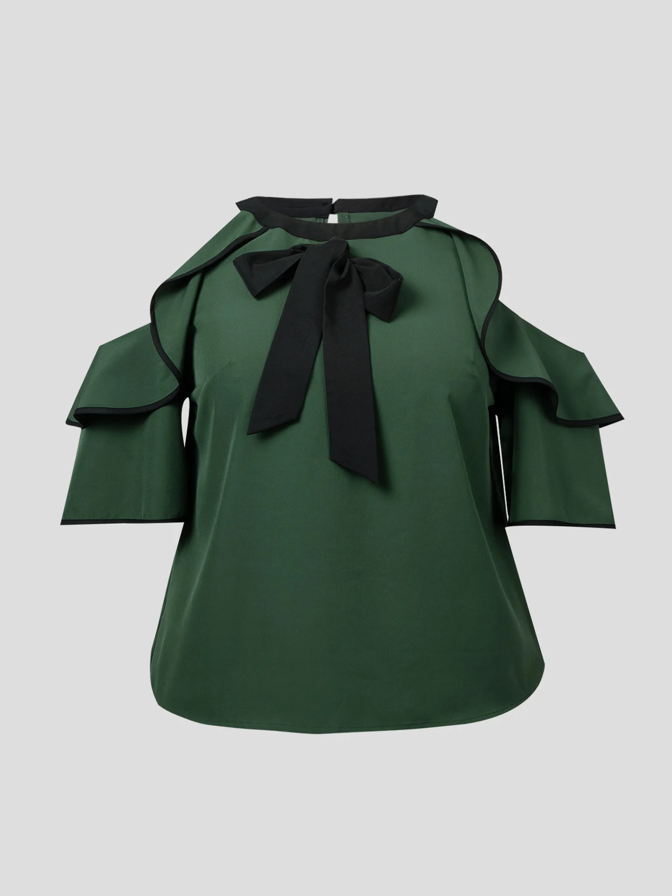 Bluse mit freiem Schulterbereich für Damen, Neckholder, Schleife, Rüschen, kurze Ärmel, Chiffon-Oberteil, Kontrastbesatz, elegant, lässig, Partykleidung – Detail 6