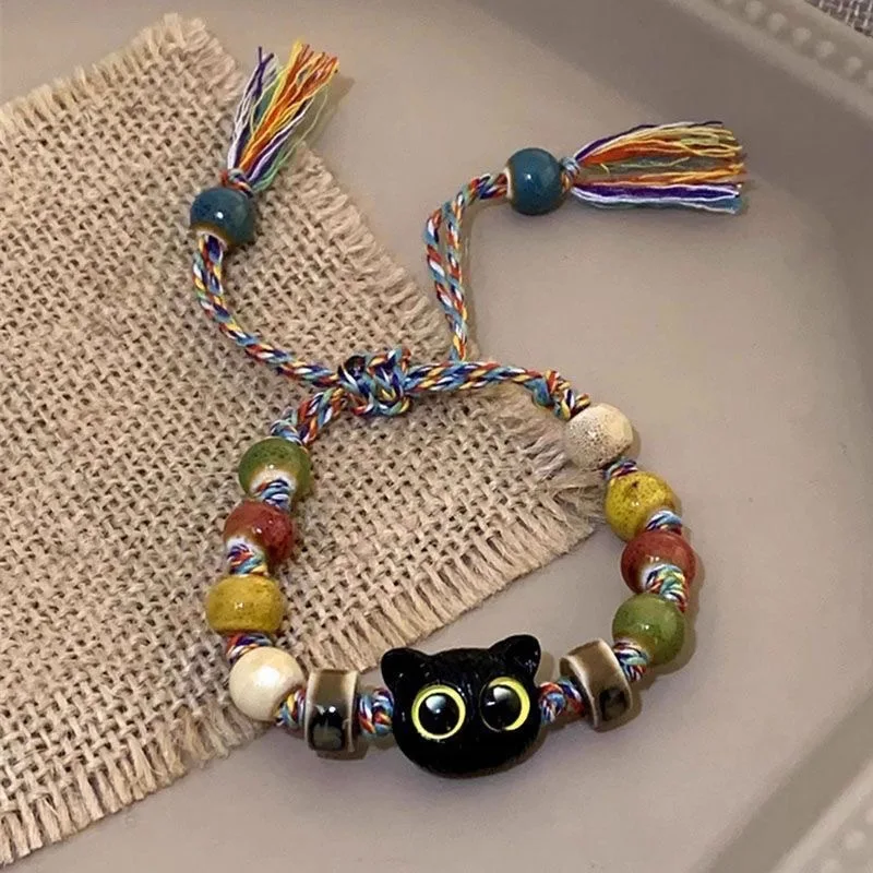 Handgefertigtes Verstellbares Großäugiges Katzen-Armband für Frauen und Männer Charm-Perlen Haustier-Armband Mode Halloween Gothic Schmuck