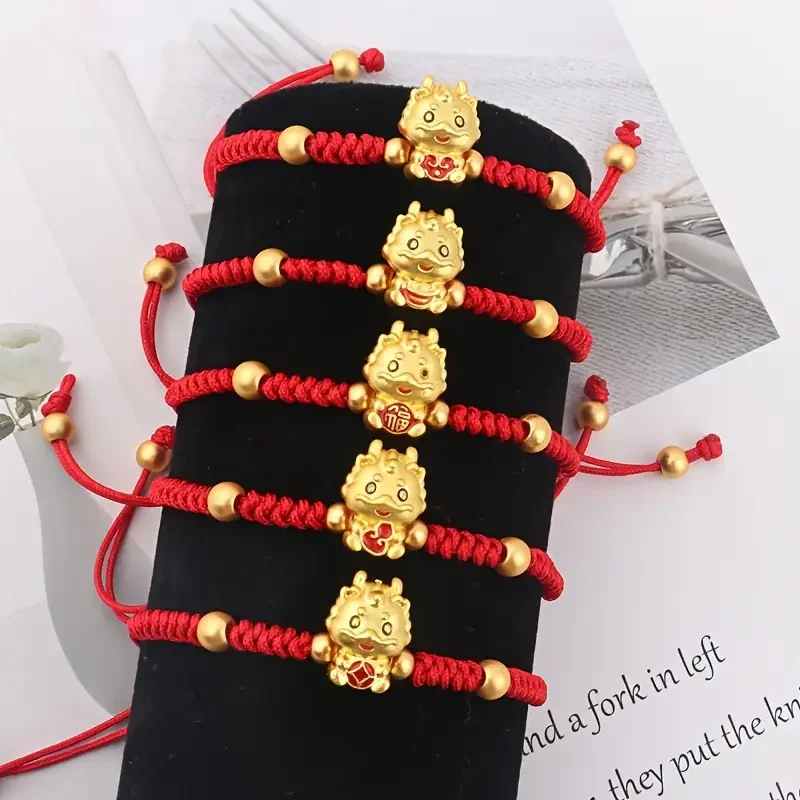 Best lady 1pc Luck Dragon Beads Red Rope Bracelet Chinese Style Handmade Hand String Jewelry Happy Spring Festival Gift