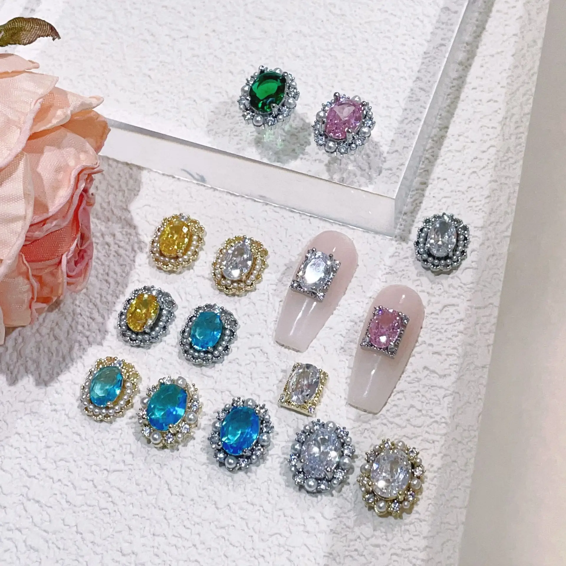 5 قطعة قصر الرجعية الزركون الأظافر جولة مربع الزهور نمط اللؤلؤ والمجوهرات الماس الفن اكسسوارات مسمار DIY الزينة #2