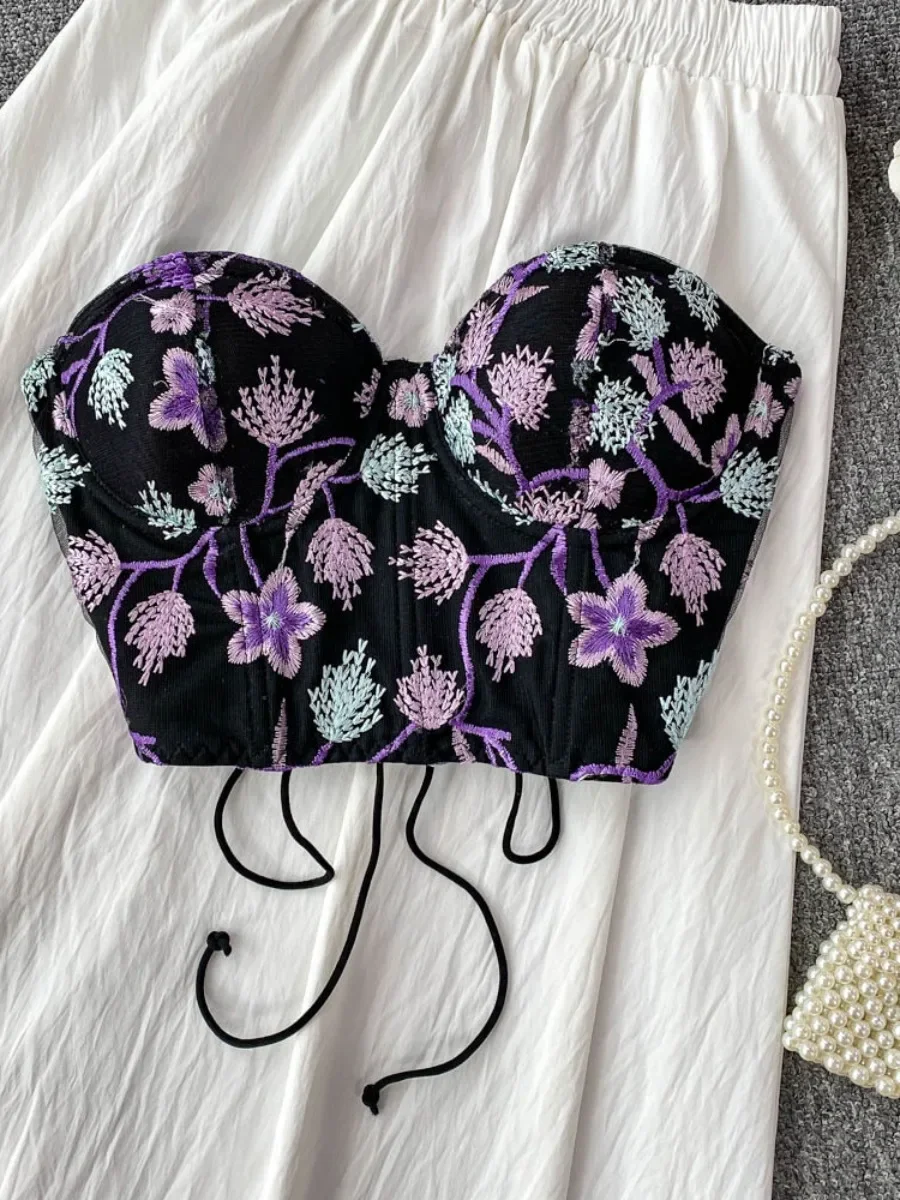 

ssTss Embroidered Padded Short Bra Women's New American Fishbone Slim Outer Crop Top Camis Vest Fashion Trendy