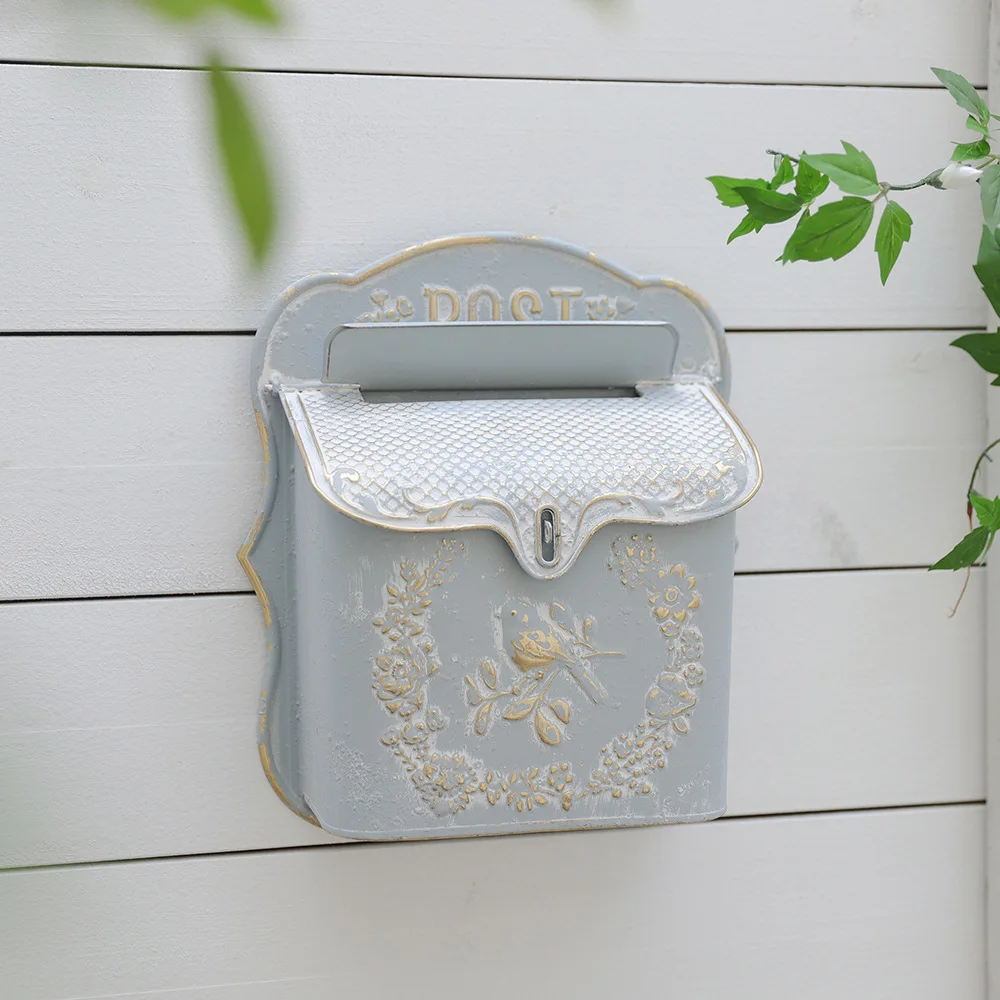 

HYS flower and bird wall-mounted mailbox pink old wrought iron outdoor garden decoration mailbox rainproof and waterproof