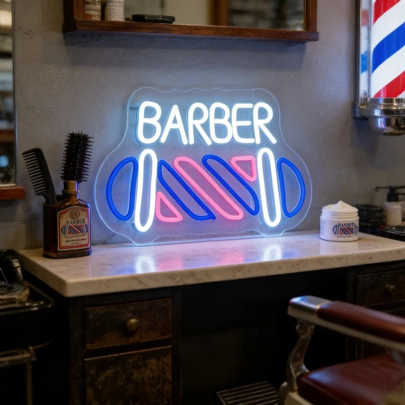 Barber Neon Sign LED Light for Barbershop Salon Decor USB Rechargeable Wall Art Sign Vintage Haircut Shave Shop Lighting Gift