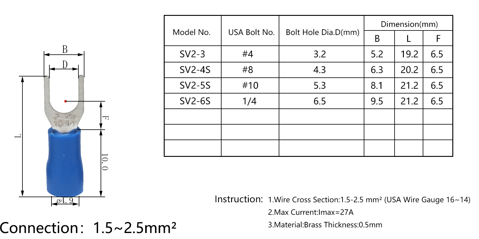 50PCS SV2-3/4/5/6 Insulated Terminal Y Type Cable Lug For Wire 1.5-2.5mm² AWG16-14 Brass Connector Electrical Crimping Terminal