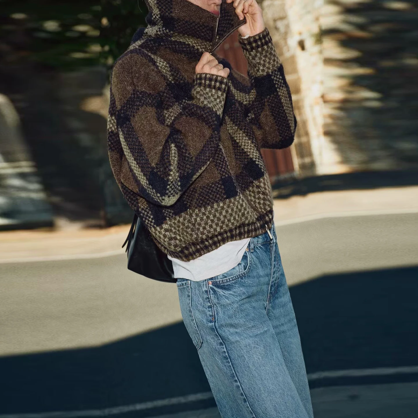 Z 2025 New Faion Personali tejido a cuadros piloto Jaet mujer ort prendas de vestir exteriores ajuste suelto largo Sve cierre de cremallera