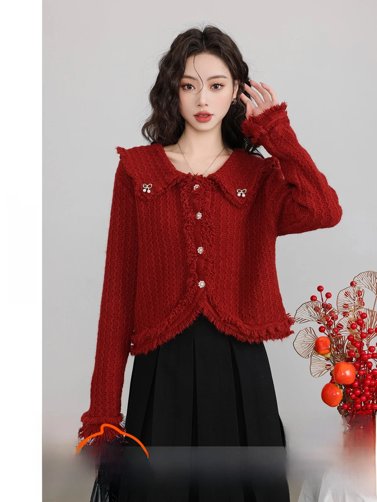 

Красный вязаный ор-свитер с темно-синим воротником, зимнее новое поступление, женский модный свитер на одной пуговице, обычный датчик, длинный све