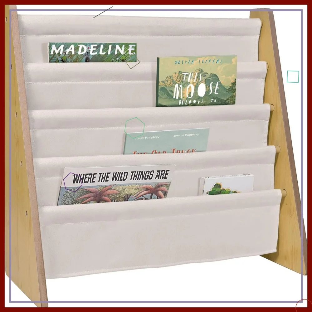 Kids Wooden Sling Bookshelf with 4 Canvas Shelves - Compact Organizer for Bedroom or Classroom