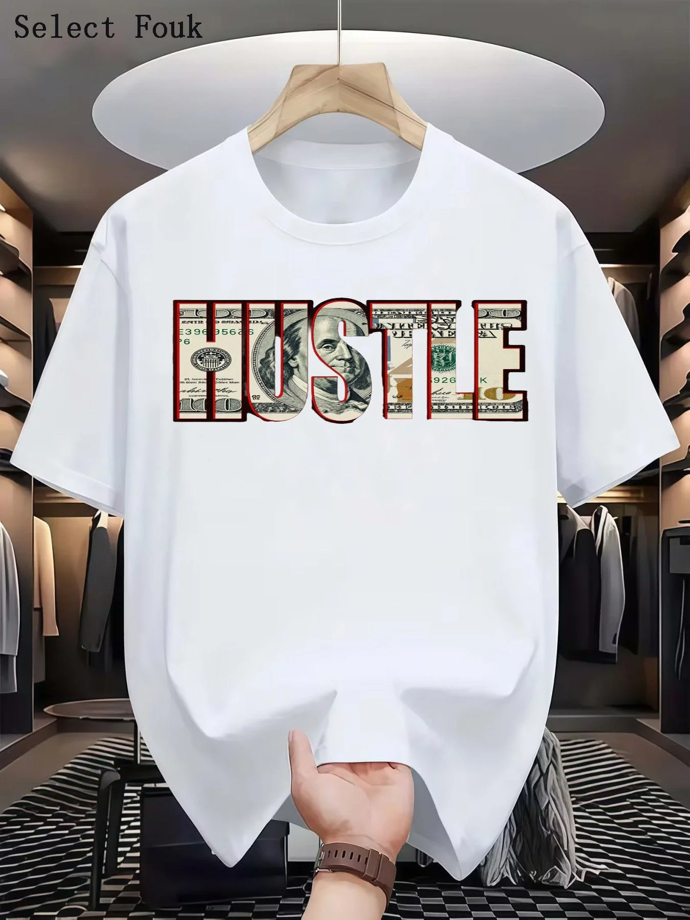 Men's cotton crew neck short-sleeved T-shirt with 'HUSTLE' banknote print, suitable for everyday casual hiking.