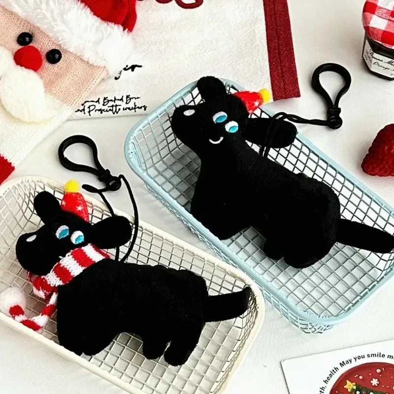 Mochila encantos cão preto chaveiro bonito estilo coreano pelúcia boneca com cachecol dos desenhos animados natal filhote de cachorro pingente presentes llaveros