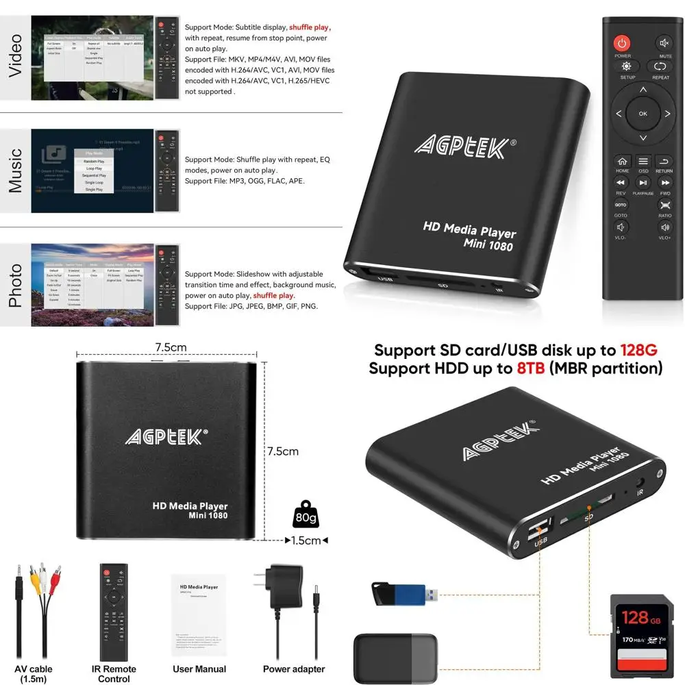 

HDMI Media Player, Black Mini 1080p Full-HD Ultra HDMI Digital Media Player for -MKV/RM- HDD USB Drives and SD Cards