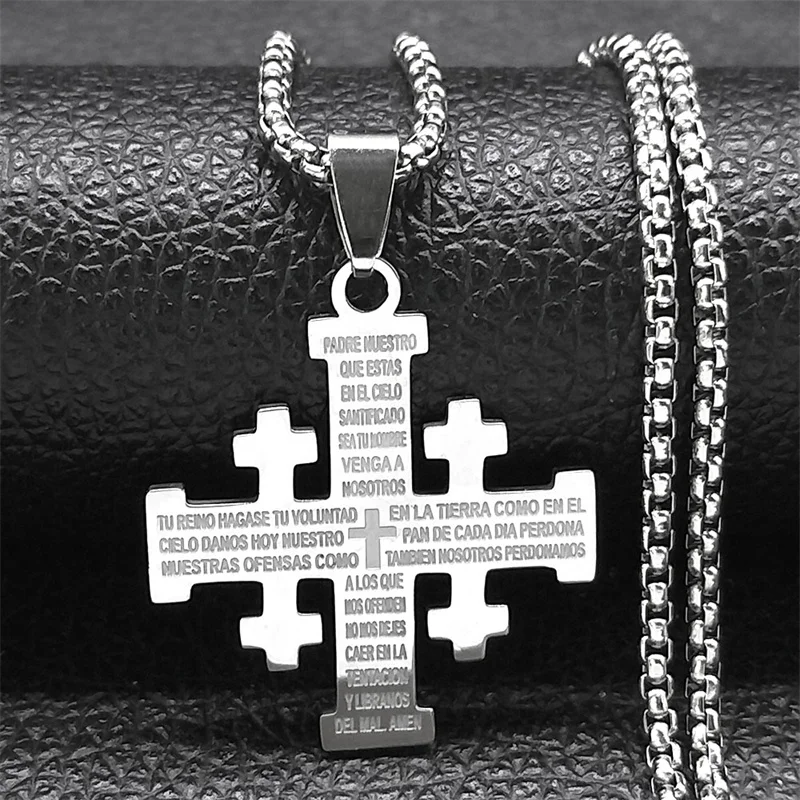 Christian Jerusalem Cross Pendant Necklace for Men Women Stainless Steel Bible Verse Lord's Prayer Chain Jewelry Collar