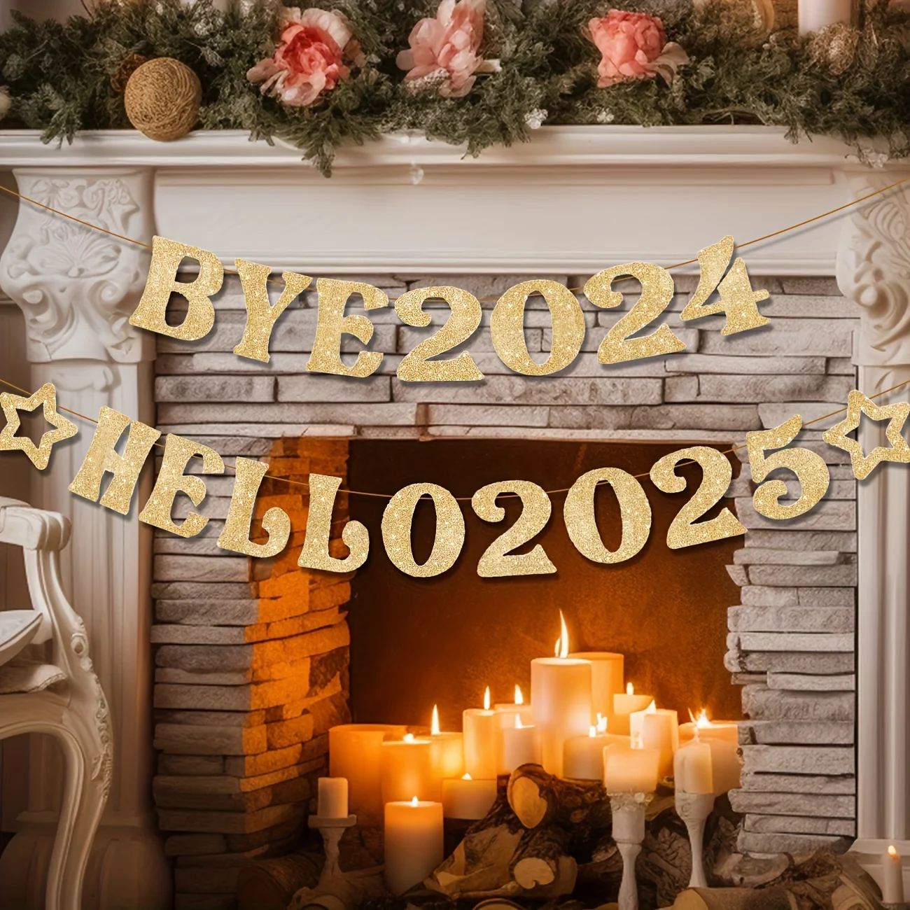 Gold Glitter Bye 2024 Hello 2025 Banner - Happy New Years Banner ，Happy New Year Decorations 2025 ，New Year Eve Banner for New