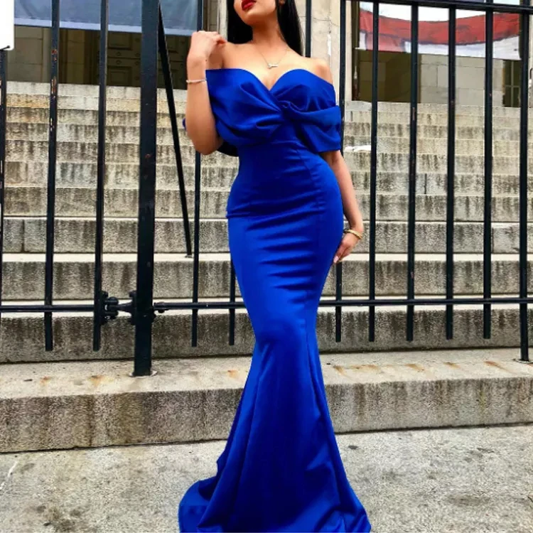 

Royal Blue Simple Formal Evening Dresses Mermaid Satin Special Occasion Dress Off Shoulder Floor Length Wedding Party Gown