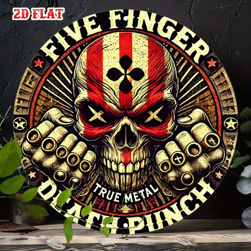 2D Flat, 1pc Five Finger Death Punch Official Band Logo Round Aluminum Sign - 7.87x7.87 Inch Rustic Metal Wall Art with Bold Ske