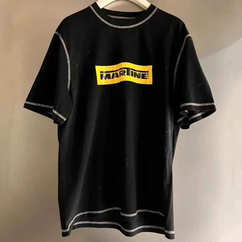 

Oversized Martine Rose Tshirts Summer Casual Stitching Black Cotton Round Neck Top Yellow Box Letter Logo Short Sleeve Men Women